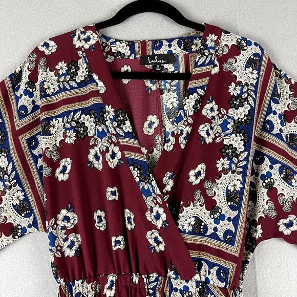 Lulus Delta Floral Print Dress Womens Small Burgundy Asymmetrical Flowy Romantic - Picture 4 of 16